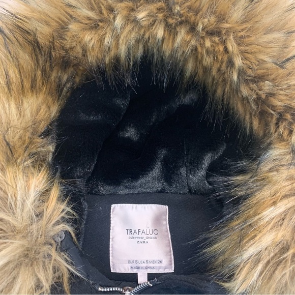 Zara Women’s Black Wool Puffer Sleeve Hooded Fur Zip Peacoat Parka Jacket Sz S - Picture 10 of 14